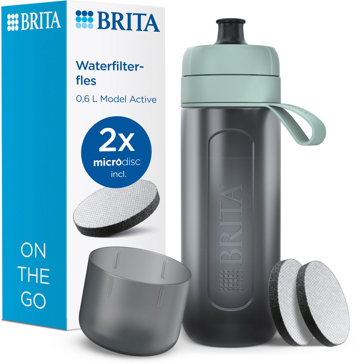 Brita - fill go - Aktiv-Trinkflasche für Erwachsene - 0,6l - Limettengrün - inklusive 1 Microdisc-Filterkartusche - ideal für Trinkflaschen