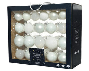 Decoris Weihnachtskugel-Set aus Glas, winterweiß, Box mit 42 Stück