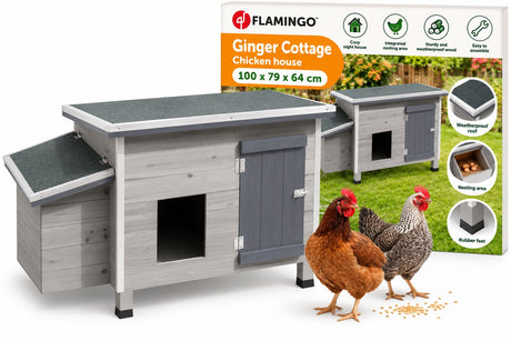 Flamingo Hühnerstall Ginger Cottage – 100 x 79 x 64 cm – grauer Holzstall mit Legenest und Auslauf – langlebig, geräumig und stilvoll