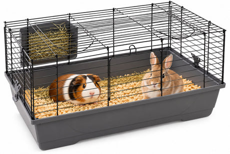 Flamingo-Hamsterkäfig – Mobi – Meerschweinchenkäfig, Zwergkaninchenkäfig – Innenkäfig mit Heuraufe und tiefem Boden – Metall schwarzgrau – 75 x 47 x 40 cm – europäische Qualität