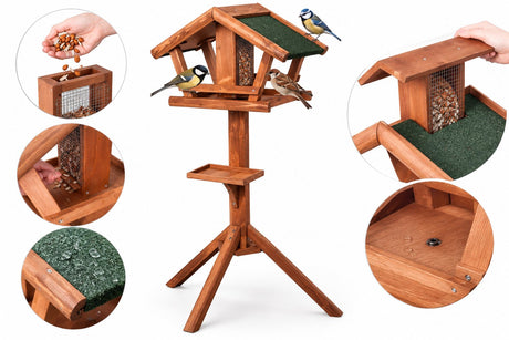 Flamingo-Vogelfutterhaus mit Ständer aus Mimir-Holz – 121 x 80 x 46 cm, integrierter Erdnussspender, geeignet für Samen und Erdnüsse, wasserbeständig, Drainagelöcher, robust und langlebig
