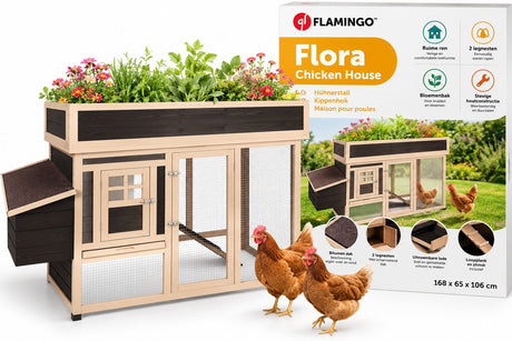 Flamingo-Hühnerstall mit Auslauf – Hühnerstall für den Außenbereich – Hühnerstall mit Auslauf für den Außenbereich – 168 x 65 x 106 cm – Hühnergehege Flora Country Brown