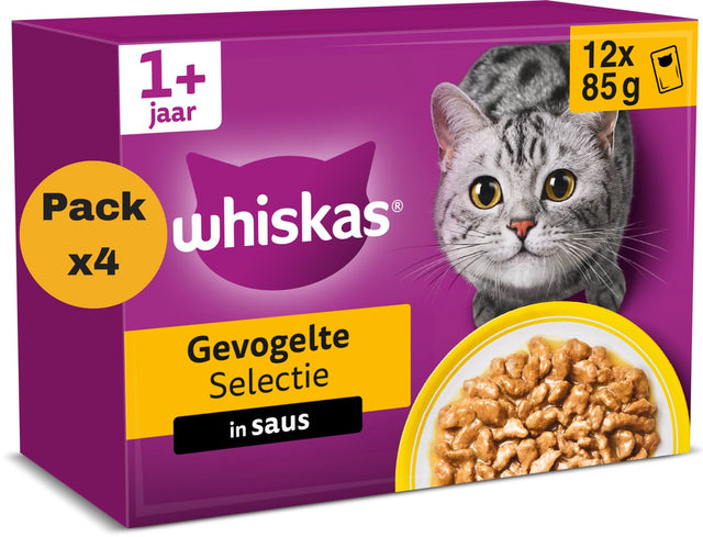 Whiskas Katzenfutter – Erwachsene ab 1 Jahr – Geflügelauswahl in Soße – 48 x 85 g