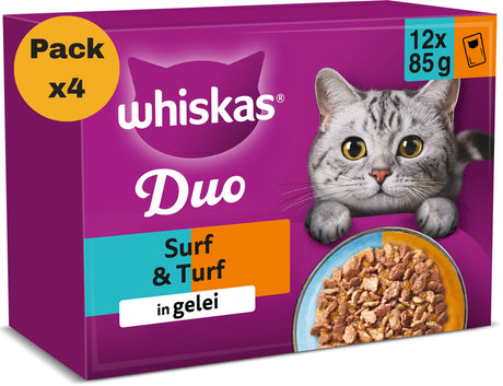 Whiskas Katzenfutter – Erwachsene ab 1 Jahr – Duo Surf Turf in Gelee – 4 x 12 x 85 g