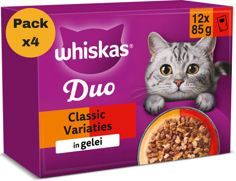 Whiskas Katzenfutter – Erwachsene ab 1 Jahr – Duo-Klassiker-Variationen, Gelee – 4 x 12 x 85 g