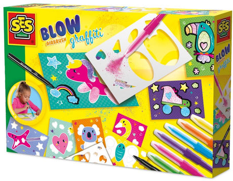 Ses Creative – Airbrush-Graffiti blasen – Kreativ-Bastelset ab 6 Jahren – inklusive 6 Airbrush-Stiften, schwarzem Marker, Schablonen und Malvorlagen