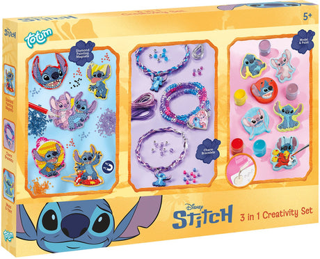 Totum Disney Stitch 3 in 1 Bastelset XL – Armbänder, Gipsabdruck, Diamantmalerei, Magnete und Schlüsselanhänger basteln – kreatives Spielzeug, Geschenktipp, Basteln für Jungen und Mädchen ab 5 Jahren