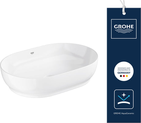 Grohe Essence ovales Waschbecken – 60 cm – ohne Überlauf – glänzende Keramik – Aquaceramic Hyperclean – Weiß