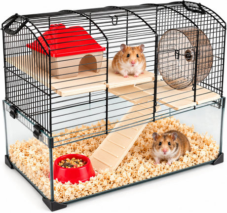 Flamingo-Hamsterkäfig – Vitru 1 – Hamsterkäfig mit Glasboden – kompletter Käfig mit Laufrad, Plattformen und Zubehör – schwarz – 51,5 x 29 x 40 cm – europäische Qualität