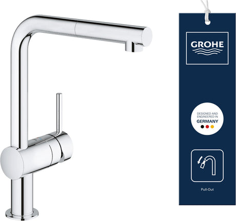 Grohe Minta Küchenarmatur – L-Auslauf – 360° Schwenkbereich – mit ausziehbarer Handbrause – Chrom