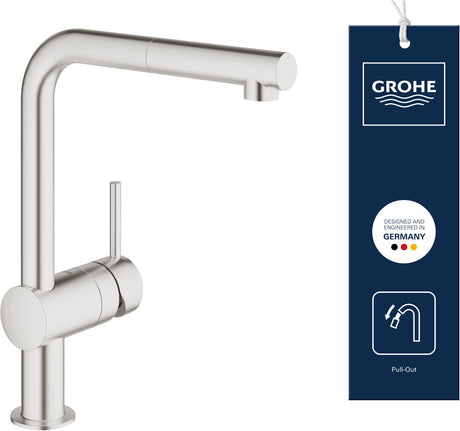 Grohe Minta Küchenarmatur - L-Auslauf - 360° Schwenkbereich - mit ausziehbarer Handbrause - Super Steel (Edelstahloptik)