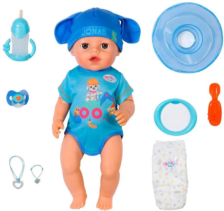 Baby born jonas click play, babypop met 10 functies en accessoires, met click play-functie, voor kinderen van 3+ jaar, werkt zonder batterijen, pop van 43 cm
