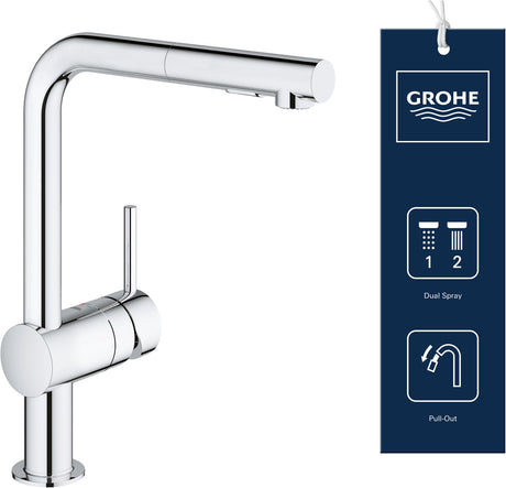 Grohe minta keukenkraan - hoge draaibare l-uitloop - met uittrekbare handdouche - chroom