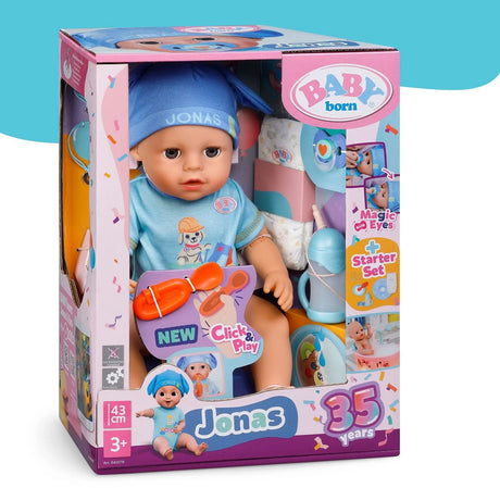 Baby born jonas click play, babypop met 10 functies en accessoires, met click play-functie, voor kinderen van 3+ jaar, werkt zonder batterijen, pop van 43 cm