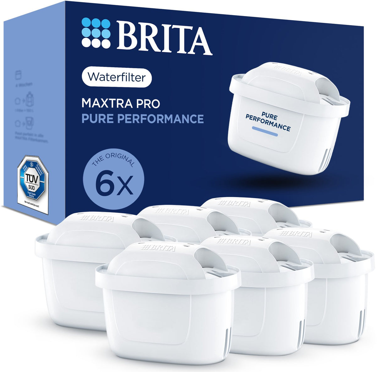 Brita Wasserfilterkartusche Maxtra Pro Pure Performance 6er-Pack – Original-Nachfüllung für alle Kannen für rein schmeckendes Leitungswasser – filtert Verunreinigungen wie PFAs*, Chlor, Kalk und Metalle