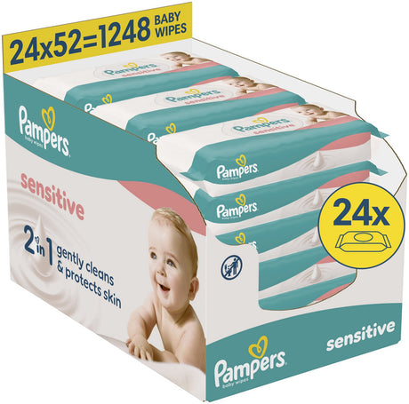 Pampers Sensitive Baby-Feuchttücher – 2-in-1: sanft reinigen, schützen – 0 % Kunststoff in den Tüchern – 24 Packungen mit 52 Tüchern = 1248 Baby-Feuchttücher