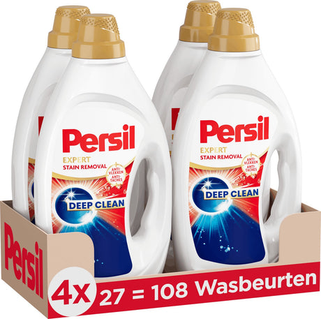 Persil Flüssigwaschmittel – Gel-Fleckenentfernung – für alle Wäschefarben – Vorteilspack – 4 x 27 = 108 Wäschen