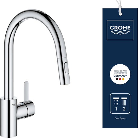 Grohe Eurosmart Cosmopolitan Küchenarmatur – hoher Auslauf – 360° Schwenkbereich – mit ausziehbarer Handbrause und 2 Strahlarten – Chrom