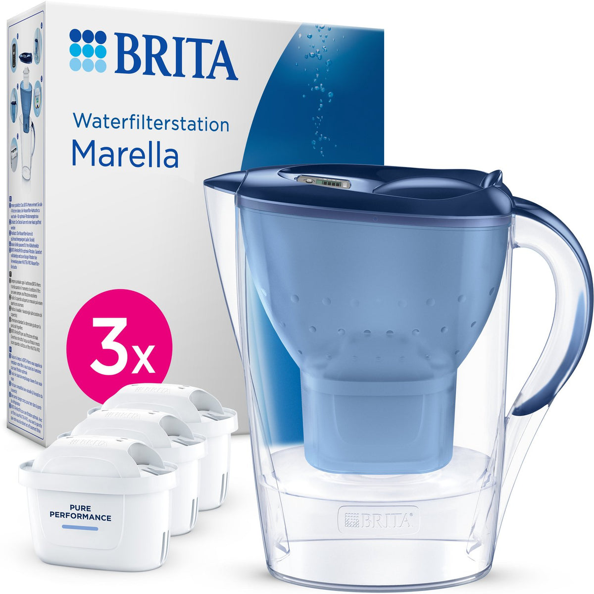 Brita - Wasserfilterkanne - Marella Cool - 2,4l - Blau - inkl. 3 Maxtra Pro All-in-1-Wasserfilterkartuschen – Vorteilspack