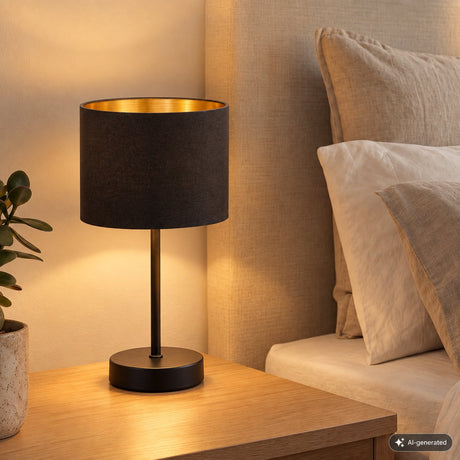 B.k.licht - Tischlampe - Schwarz-Gold - Metallstoff - Nachttischlampe - Schlafzimmerlampe - E27-Fassung - H.: 33cm