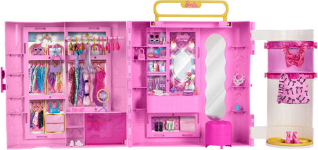 Barbie-Garderobe mit Spin-Style-Funktion – Schminktisch, Ottomane, 4 Outfits, über 20 Teile und tragbare Aufbewahrung