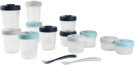 Béaba Vorratsdosen 12er Set – 2 x 90 ml, 4 x 150 ml und 6 x 250 ml mit 2 Silikonlöffeln – hermetisch und auslaufsicher für die Wickeltasche – stapelbar mit Beschriftungszone – geeignet für Gefrierschrank, Mikrowelle und Babykoch – blaugrau
