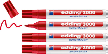 Edding 3000 Permanentmarker - Rot - 4 Marker - Rundspitze 1,5-3 mm - Wasser- und abriebfest - für Pappe, Kunststoff, Holz, Metall usw. - Alkoholmarker für Erwachsene