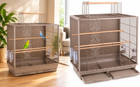 Flamingo-Voliere, Sittichkäfig, Ibis-Taupe – geräumiger Vogelkäfig mit Sitzstangen und Futternäpfen mit Dachöffnung – 78 x 48 x 81,5 cm