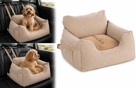 Flamingo Autositz Hund – Autositz Megan Beige – 56x50x17cm – waschbare Bezüge, rutschfeste Unterseite – sicheres, bequemes Reisen