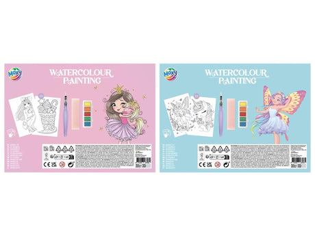 Moxy aquarel set met 20 kleurplaten waterkwast en verf