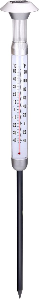 Grundig Solarthermometer – Gartenthermometer mit Gartenlampe – Außenthermometer mit Solar-Gartenbeleuchtung – Außenthermometer mit Erdspieß – ø12,5 x 56 cm