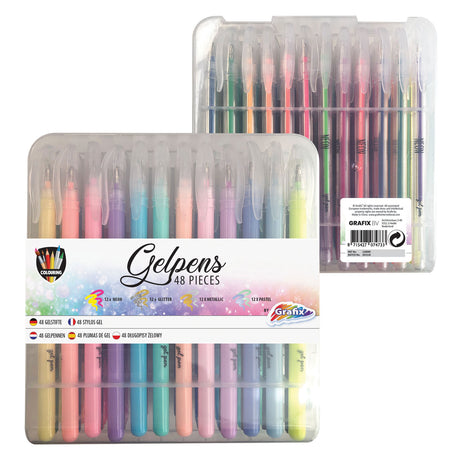 Grafix Gelstifte - 48 Stück - 12x Neonstifte | 12x Glitzerstifte | 12x Metallstifte | 12x Pastellstifte - Gelstifte für Kinder und Erwachsene |