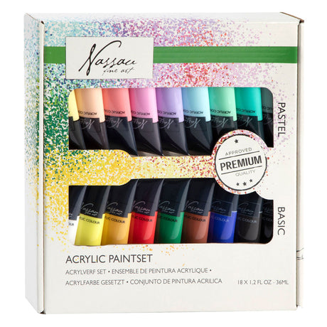 Nassau Fine Art Hobby Paint Acrylfarben-Set 18-teilig – 36-ml-Farbtuben – Acrylfarbe für Kinder und Erwachsene – 9 Pastellfarben, 9 Grundfarben – Farbe für Kinderhandwerk – Kinderfarben-Set