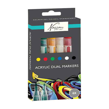 Nassau Fine Art professionelle Acrylmarker | 6 verschiedene Farben | Doppelmarker | geeignet für Steine – Schuhe – Glas – Kunststoff – Holz – Kleidung