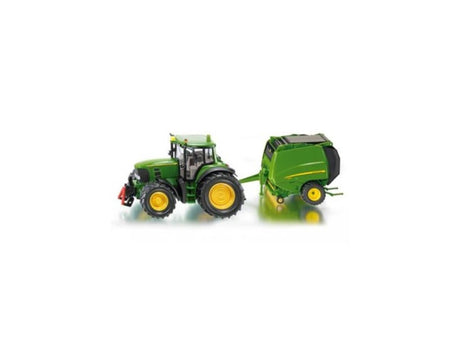 Siku 1665, John Deere Traktor mit Ballenpresse inklusive 2 Heuballen, Metall-Kunststoff, grün, bewegliche Teile
