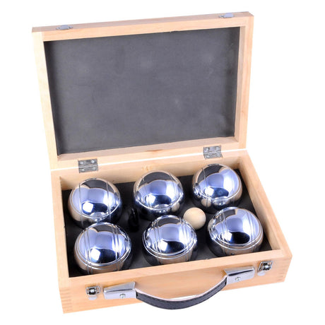 Engelhart Metall-Jeu de Boules – 6 Kugeln in Holzkiste – Luxus-Set – Pétanque – Boule – Metallkugeln – passend für jeden Jeu de Boules-Platz – Langfeld