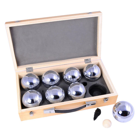 Engelhart Metall-Jeu de Boules – 8 Kugeln in Holzkiste – Luxus-Set – Pétanque – Boule – Metallkugeln – passend für jeden Jeu de Boules-Platz – Langfeld
