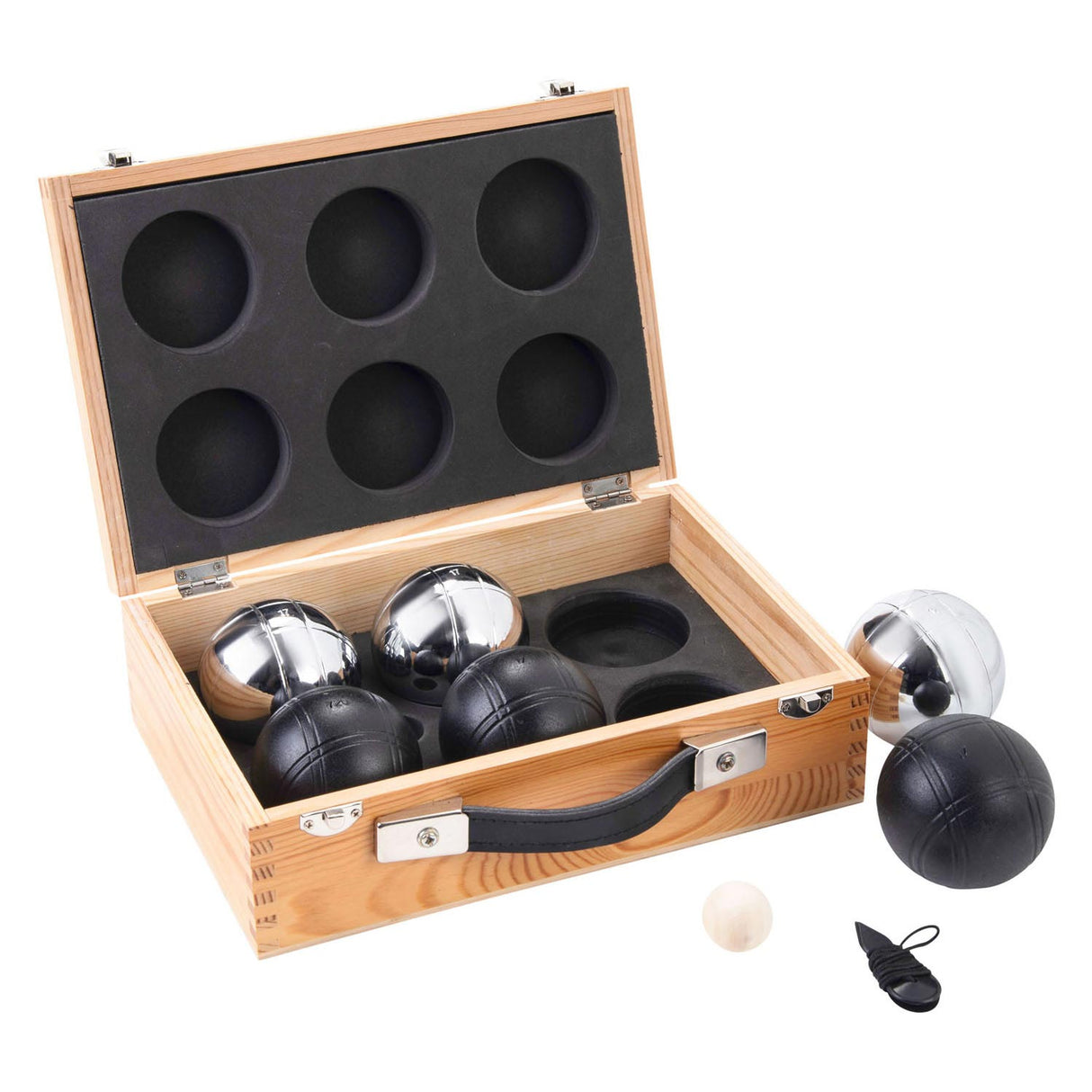 Engelhart Boule-Spiel aus Metall – 6 Kugeln in Holzbox – Schwarzgrau – Luxus-Set – Pétanque – Boule – Metallkugeln – passend für jeden Boule-Platz – Langfeld