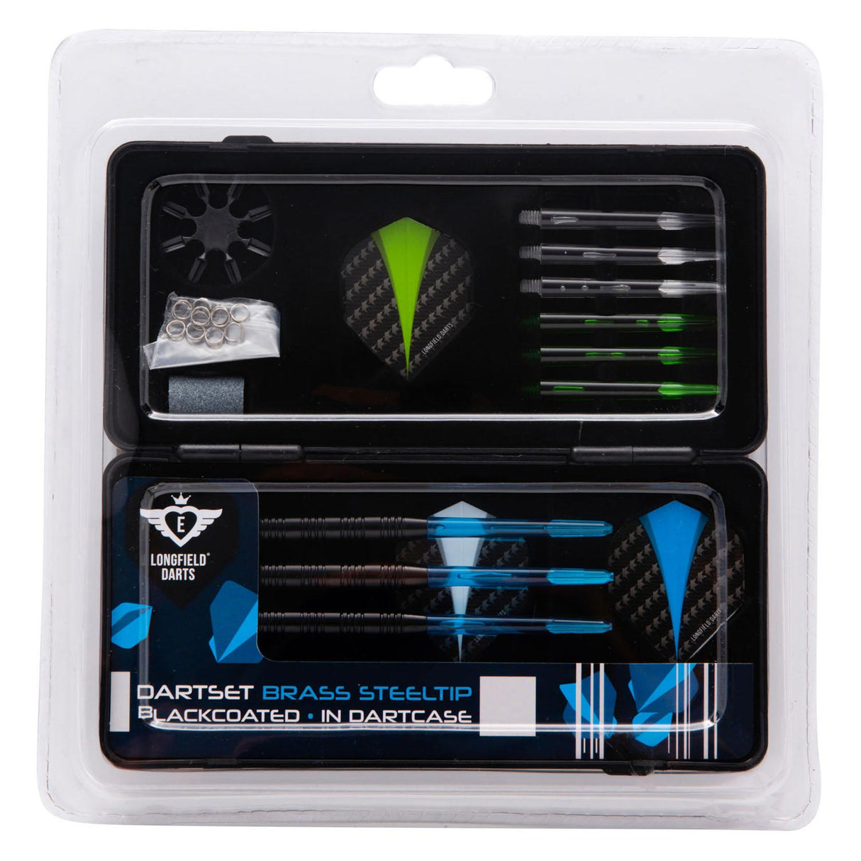 Longfield-Dart-Set, Messing, Stahlspitze, schwarz beschichtet