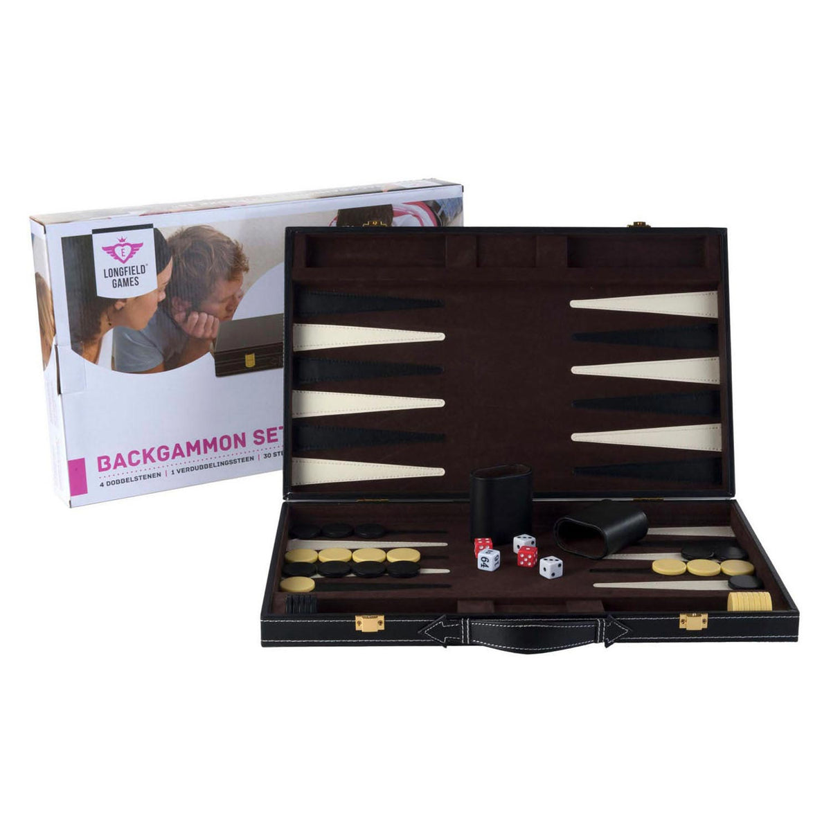 Engelhart Backgammon 18 Zoll – braunes, elfenbeinfarbenes, genähtes Brett – schwarzer Koffer mit Griff – Luxus-Reise-Edition –