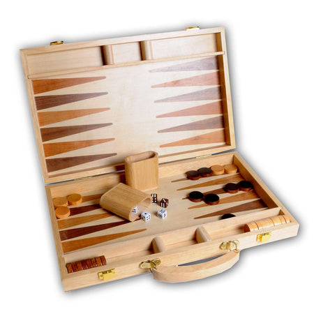 Engelhart Backgammon 15 Zoll – Brett mit Holzintarsien – Holzkoffer mit Griff – Luxusversion –