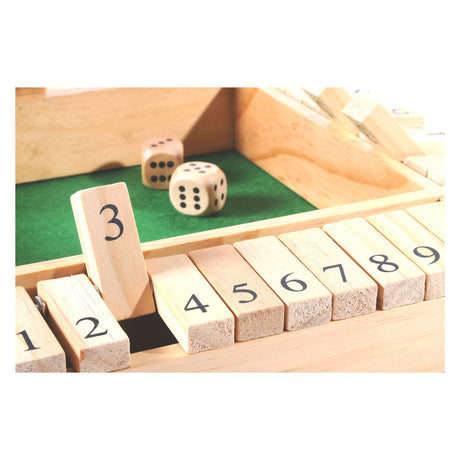 Longfield Shut the Box – 4 Spieler – Gummi-Holzkiste mit eingelegtem Filz – inklusive 8 Holzwürfel – Brettspiel 29 x 29 x 3,5 cm – strategisches Familienspiel – Engelsherz