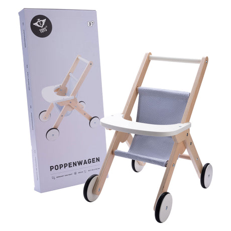 Puppenwagen aus Holz grau blau