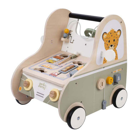 Jack Jacky Lauflernwagen aus Holz mit pädagogischen Aktivitäten – multifunktionales Auto – Aktivitätslaufwagen – Lauflernspielzeug – motorische Fähigkeiten, kognitive Entwicklung – pädagogisches Holzspielzeug – Jack Jacky