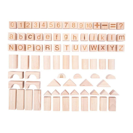 Dorjee-Set aus Bauplatten, Blöcken und Buchstaben – 84 Teile.