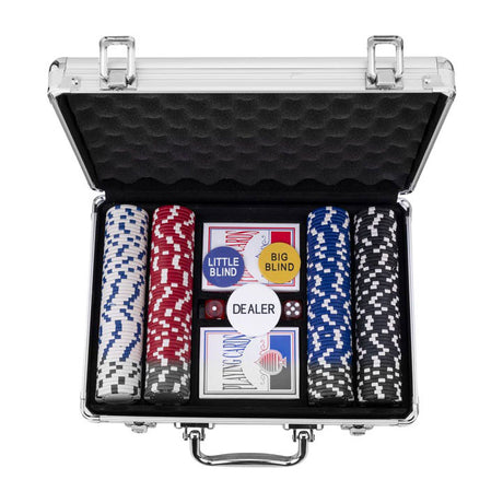 Longfield pokerset in zilveren koffer met 200 chips – compleet met kaarten, dealer buttons dobbelstenen – engelhart