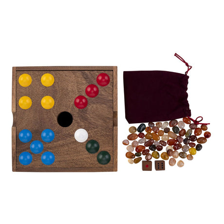 Engelhart edelstenen spel – walnoothout – 18,3 x 18,3 x 4 cm – inclusief 60 edelstenen – strategisch bordspel –