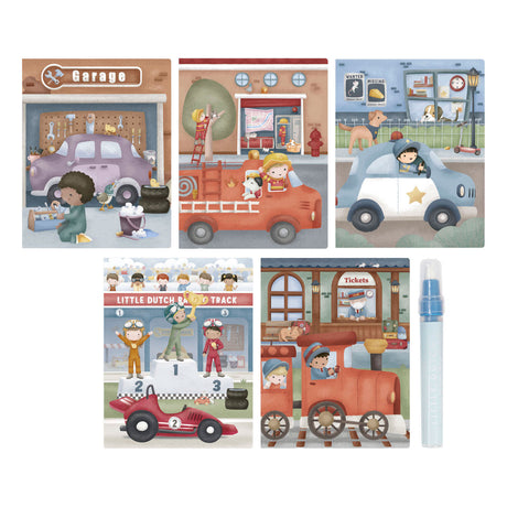 Little Dutch Wasser-Malbuch – Jim-Fahrzeuge – 5 Seiten – wiederverwendbar – mit nachfüllbarem Wasserstift – Wassermagie – Basteln – Kinderspielzeug – für Mädchen und Jungen – ab 2 Jahren