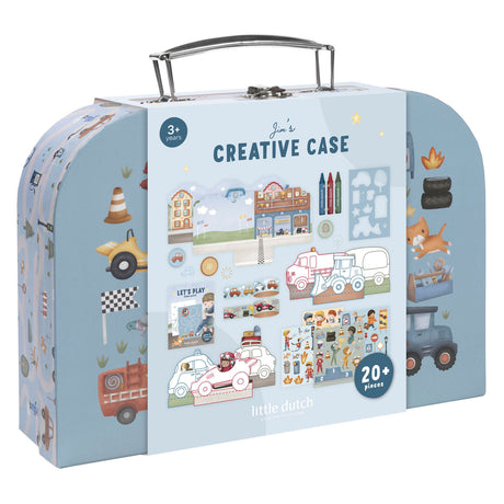 Little Dutch Bastelkoffer – Jim-Fahrzeuge – mit 3 Stempeln, 2 Washi Tapes, 3 Buntstiften und vielem mehr – Basteln – Kinderspielzeug – für Jungen – ab 3 Jahren