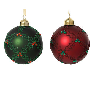Kerstballen glas matt w red diamonds 2col ass | 12 stuks